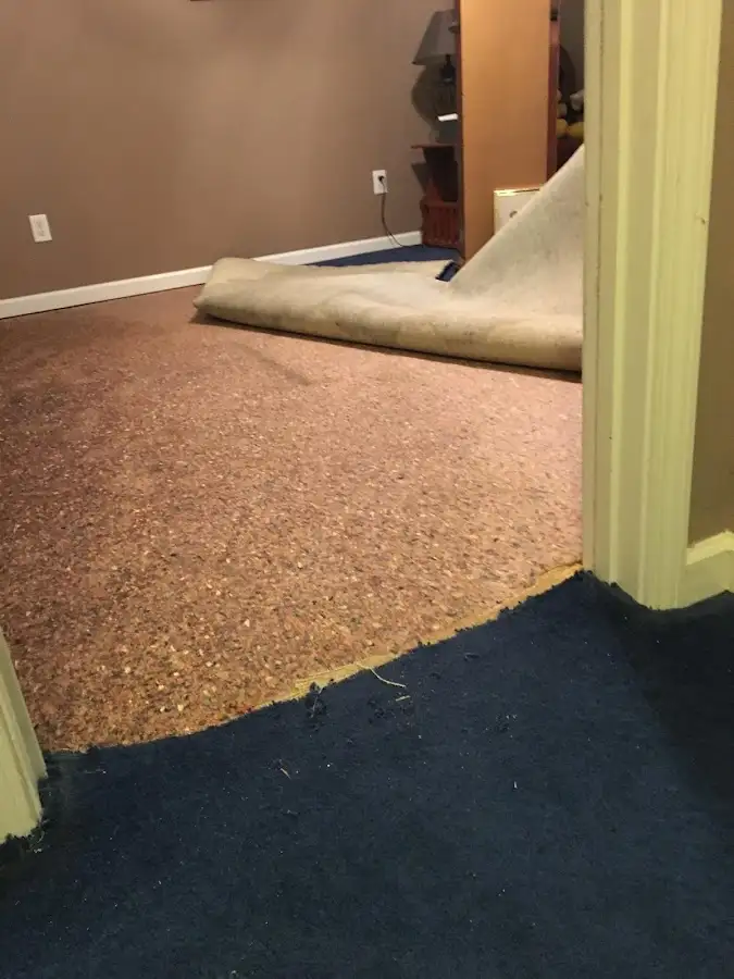 Carpet pad removal revealing water damage during Drying & Dehumidification in Camp Swift